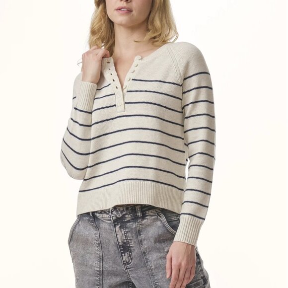 Splendid Sweaters - Splendid Cream Striped Henley Sweater with Navy Lines